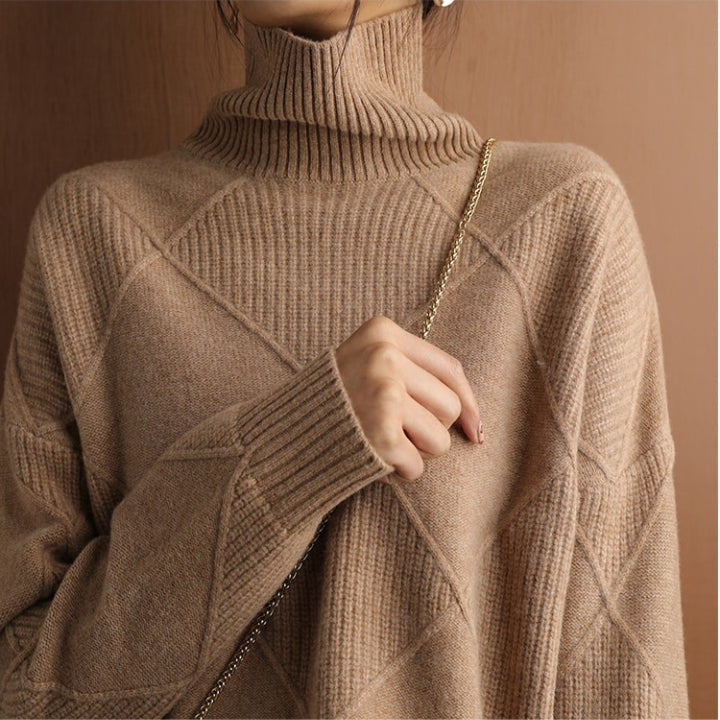 Elegant and chic women's turtleneck knit sweater, a stylish pullover for sophisticated autumn fashion.