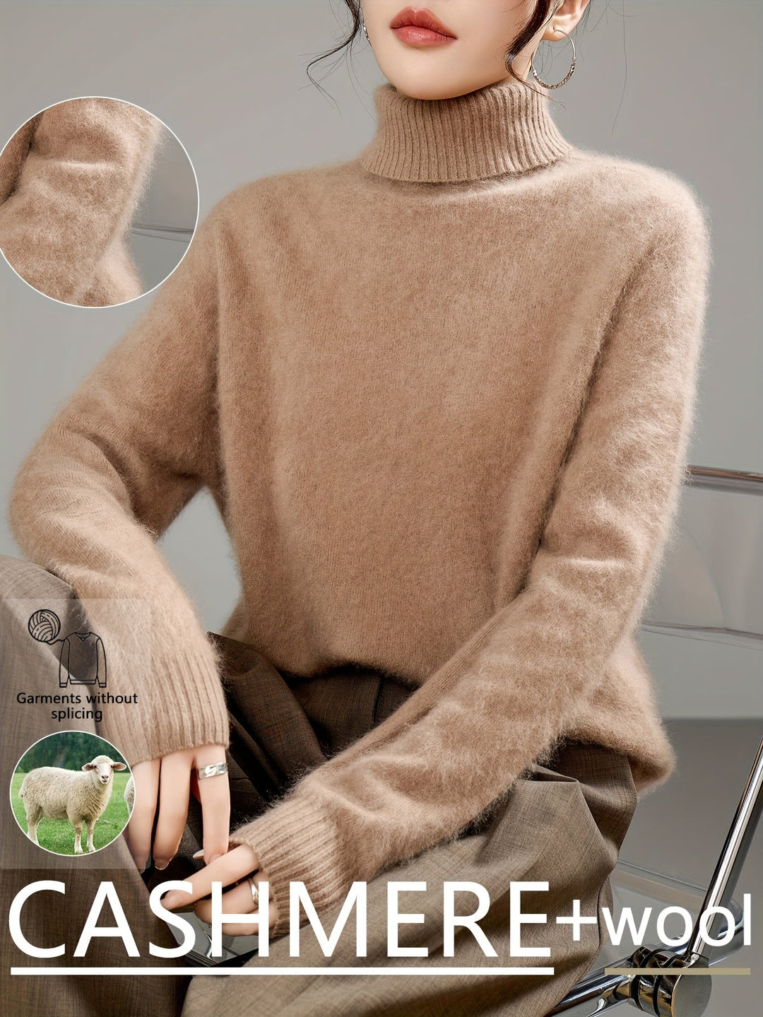 Comfortable women's knit turtleneck sweater, a versatile piece of warm winter fashion apparel.