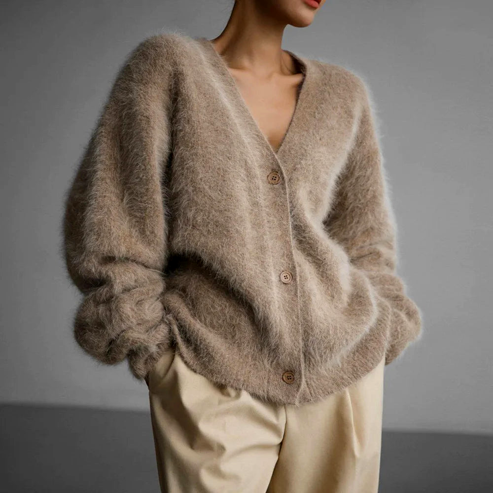 Women's cozy v-neck cardigan, relaxed fit. Soft knit button-front sweater for fall & winter warmth.