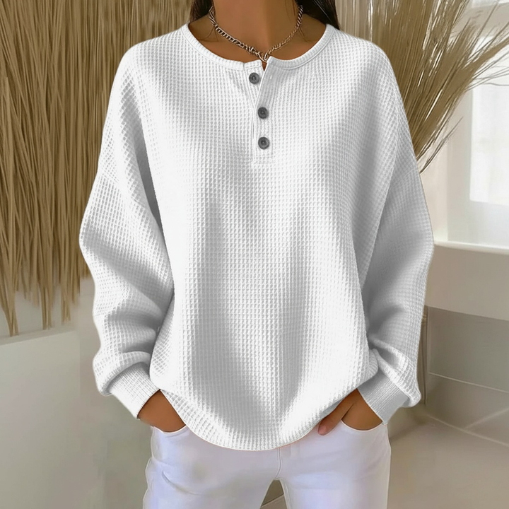 Women's textured waffle knit sweater, a cozy pullover in a relaxed fit, perfect for everyday comfort & autumn style.