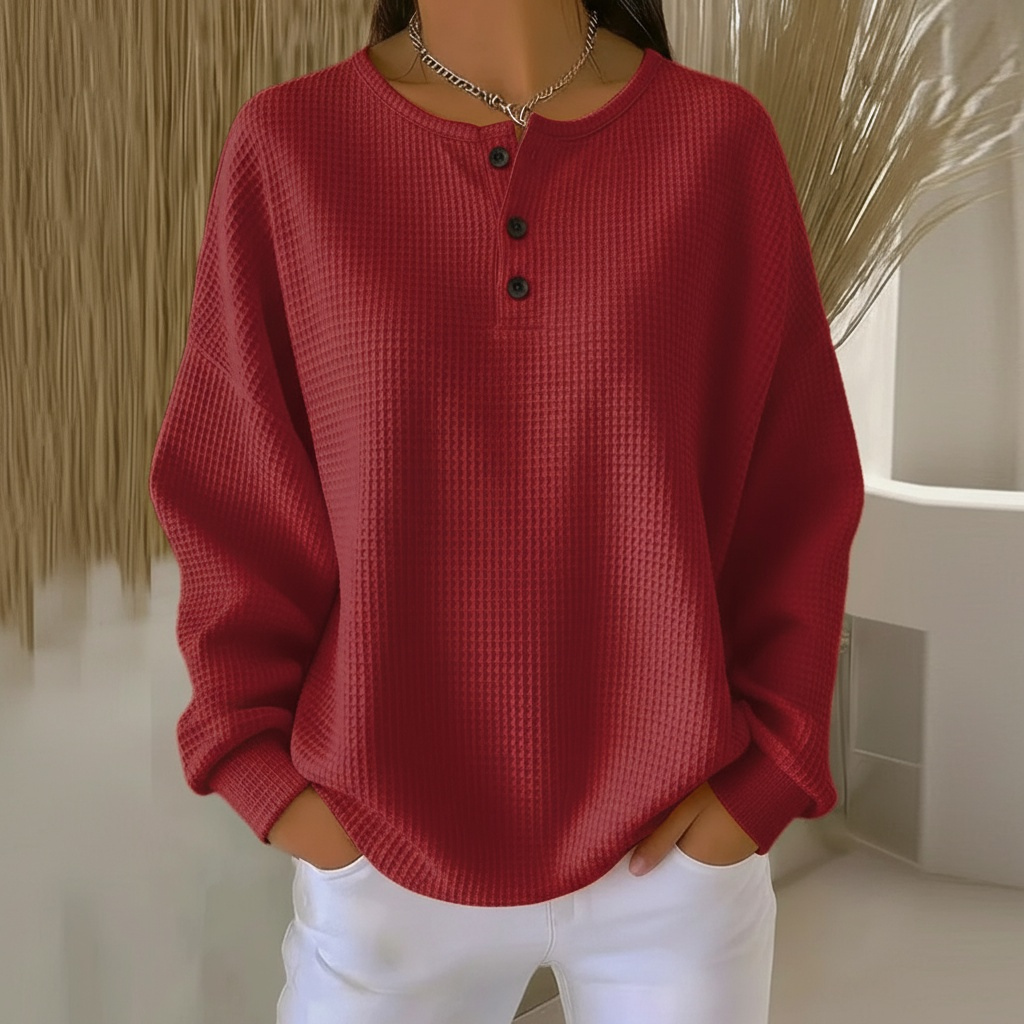 Versatile women's waffle knit sweater for everyday comfort, a cozy pullover top in relaxed fit for casual fashion.