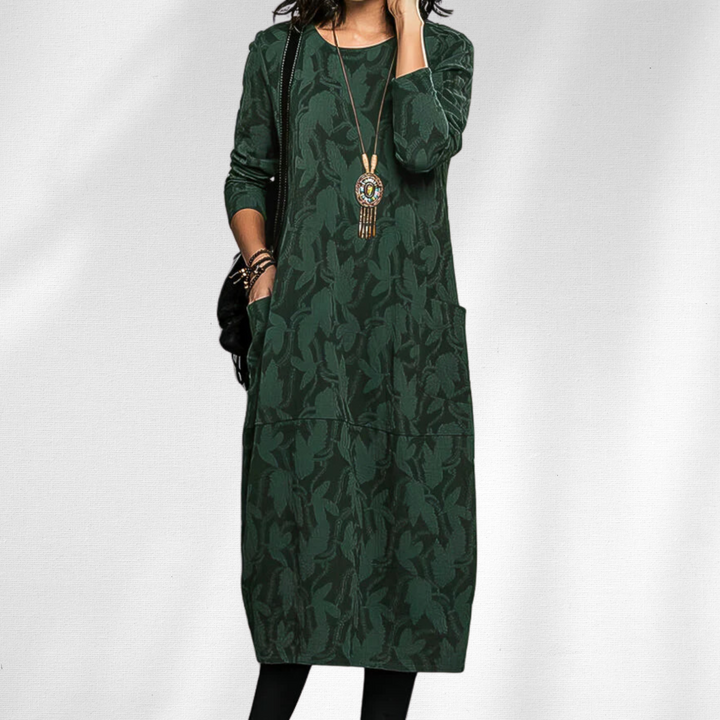 Women's cozy winter dress with crewneck, long sleeves, and relaxed fit. Perfect for cold weather & daily wear.