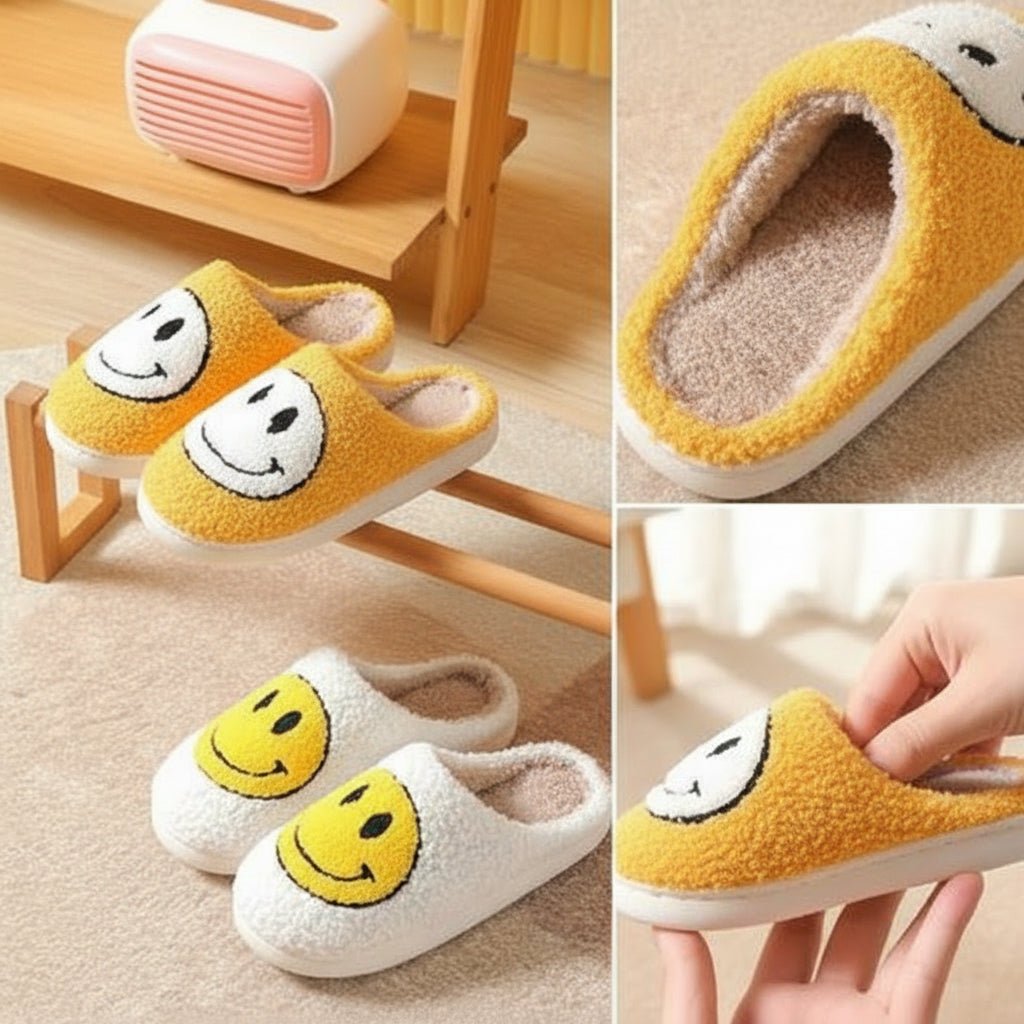 Womens comfortable indoor slippers, featuring a cheerful smiley graphic and a plush, warm, thick sole.