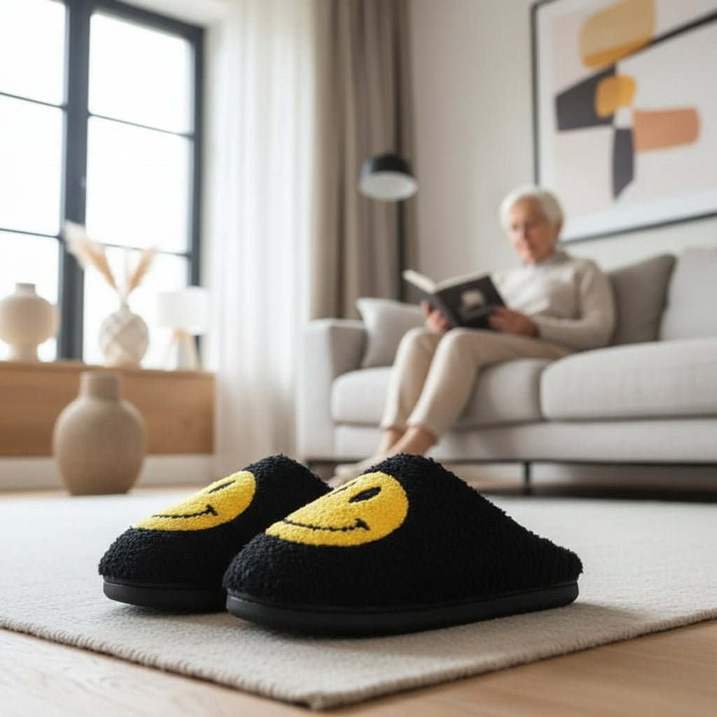 Soft, warm women's indoor house shoes, featuring a cute smiley and a non-slip sole for winter comfort.