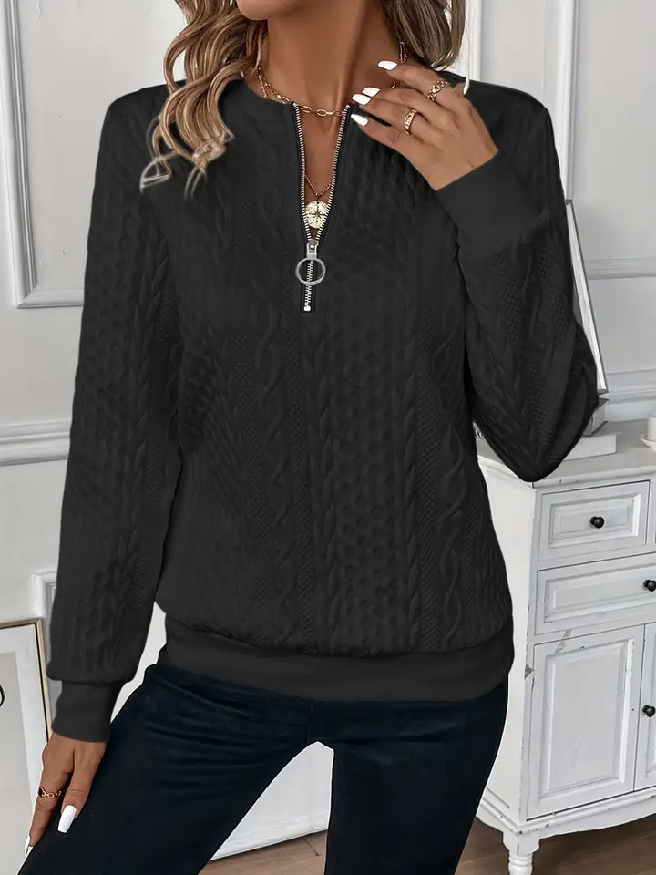 Back view of a women's versatile long-sleeve sweater, highlighting the quality and cozy knit.