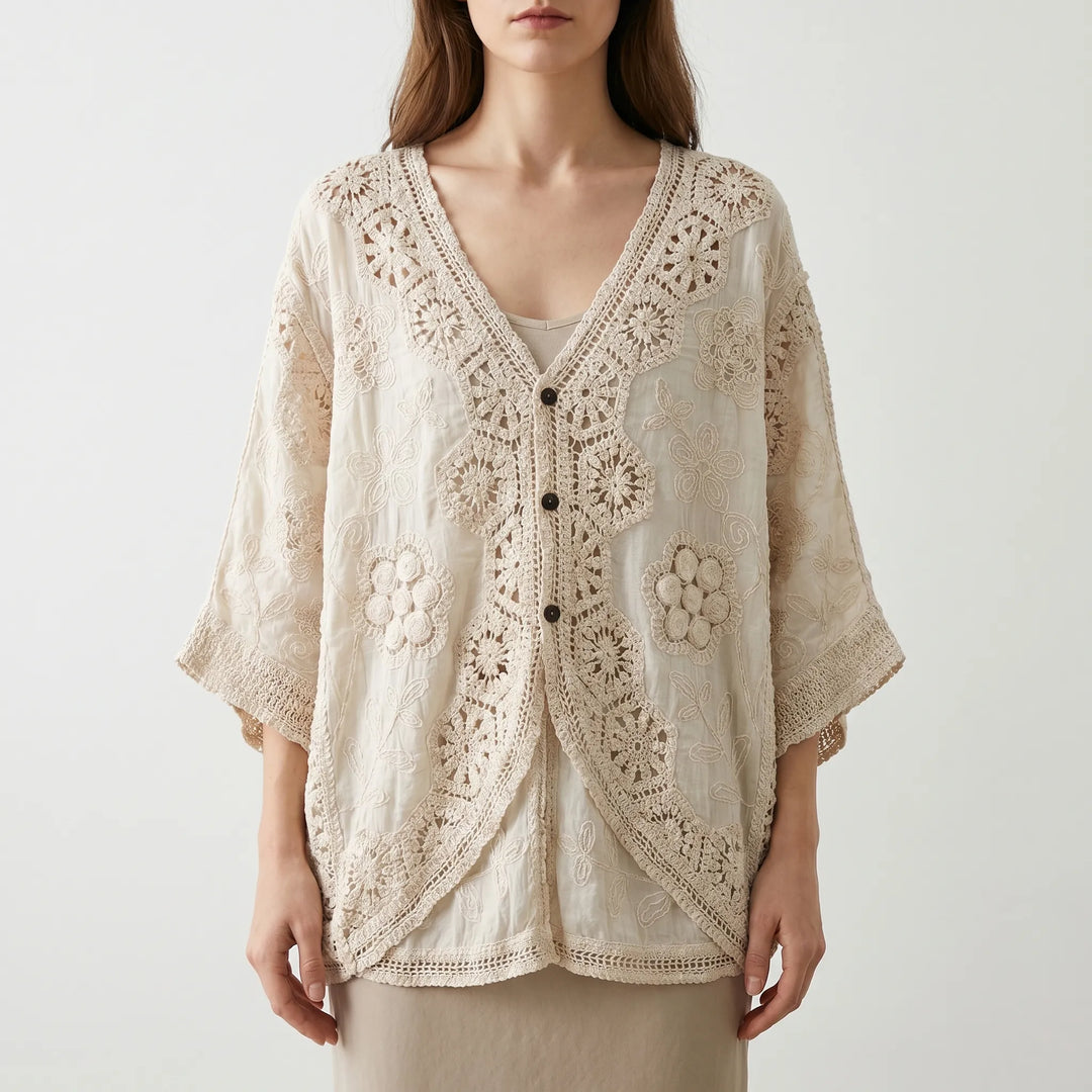 Lightweight bohemian cardigan for women, three-quarter sleeve, ideal as a stylish layer for vacation or casual summer wear.