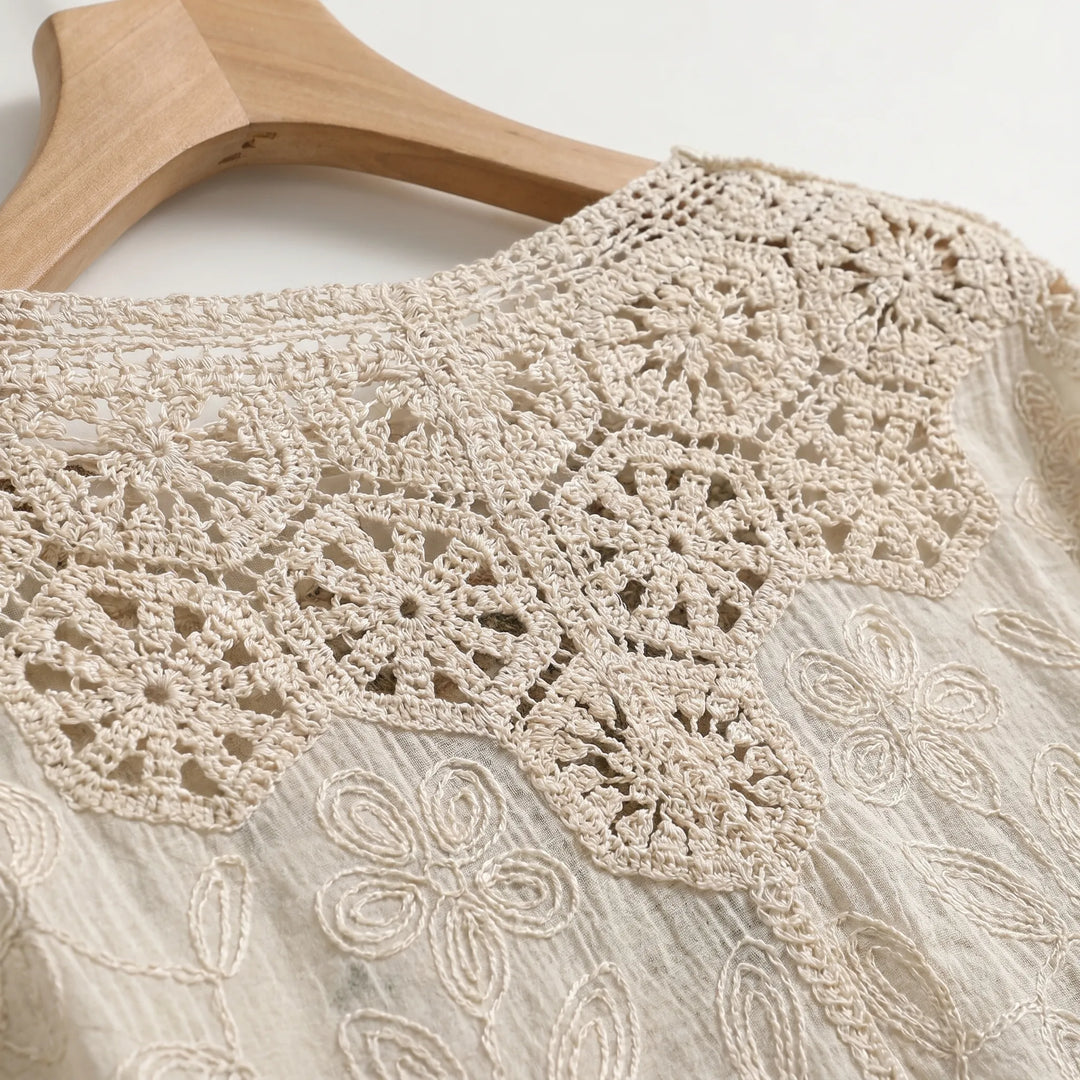 Cream women's bohemian cardigan, open-front and comfortable, a versatile lightweight layer for summer and beach outings.