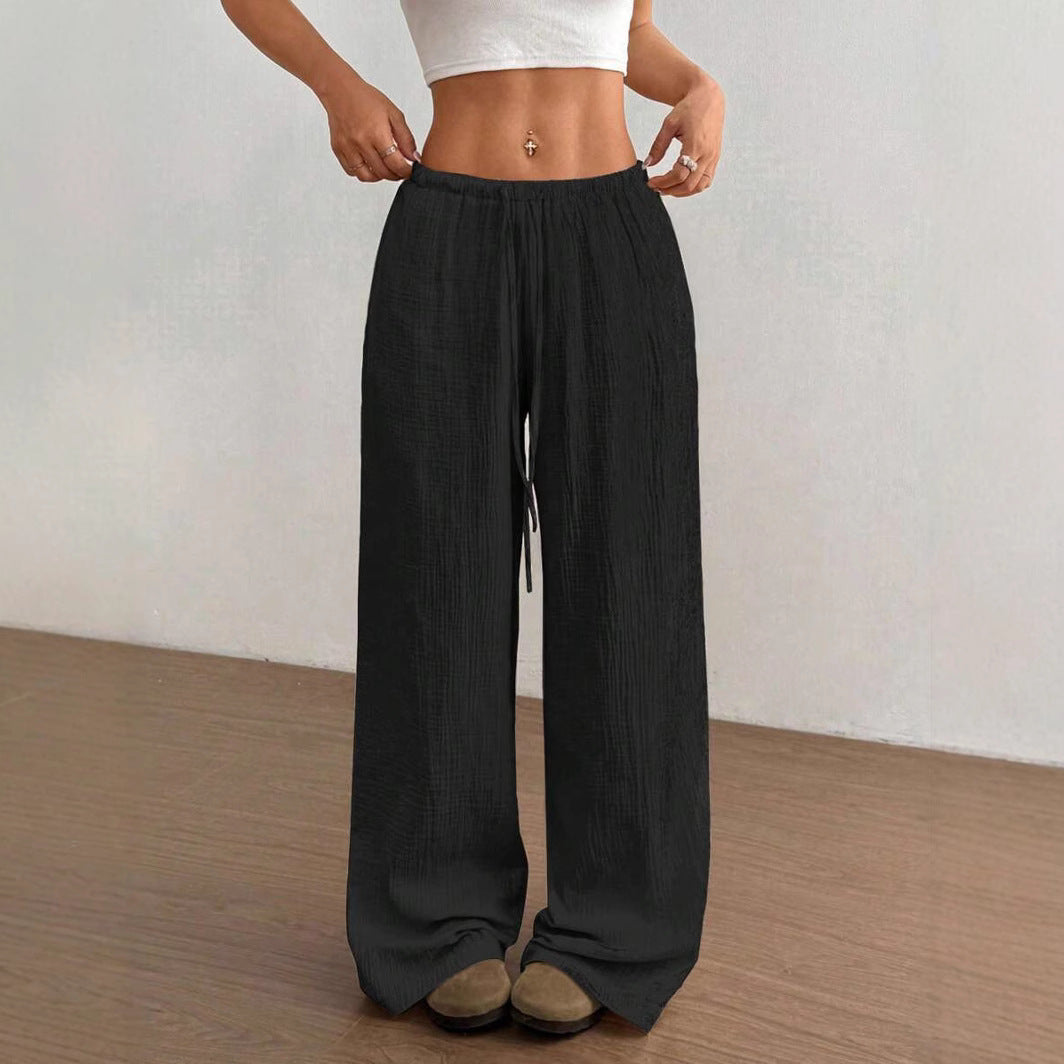 Versatile women's crinkle texture wide leg pants, drawstring waist, great for casual & lounge wear.