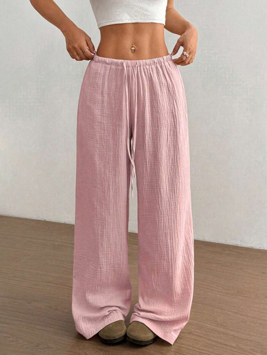 Women's crinkle texture wide leg summer pants, light & airy with a comfy drawstring elastic waist.