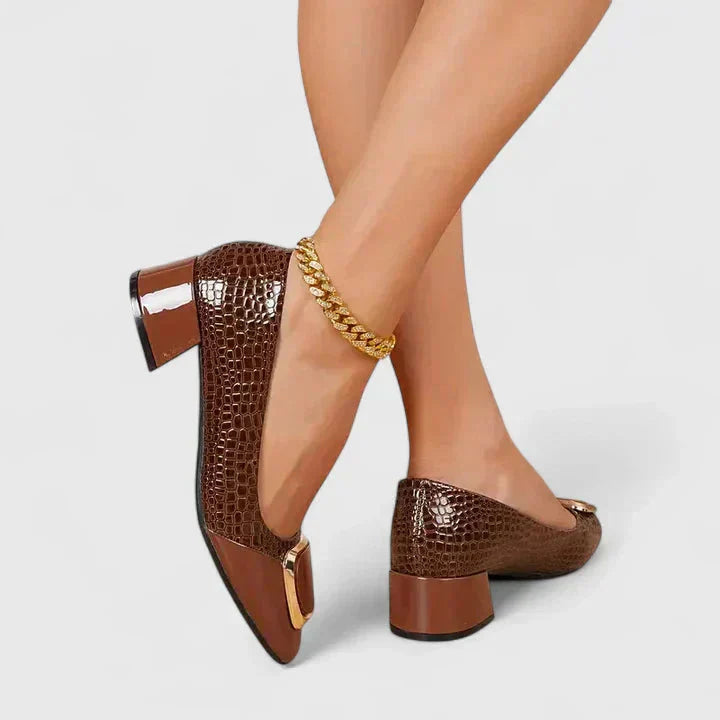 Women's croc embossed block heel loafers with gold buckle. Elegant dress shoes for office wear.