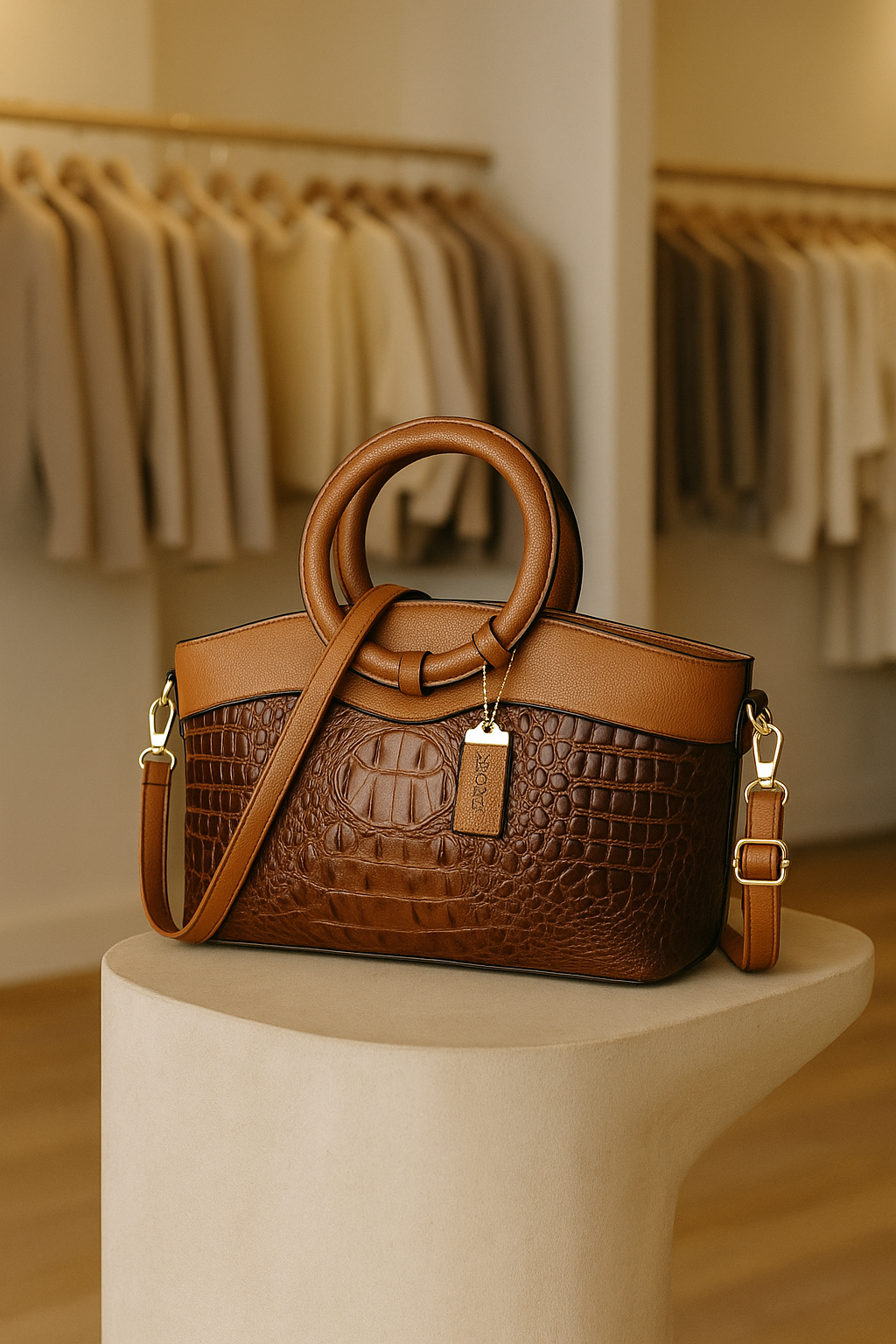 Women's croc embossed vintage handbag with elegant round handle. Faux leather shoulder bag.