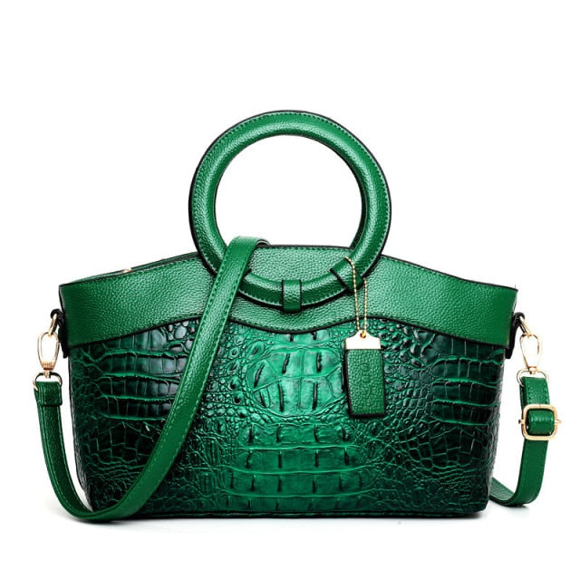 Elegant women's vintage handbag, croc embossed faux leather shoulder bag, stylish round handle.