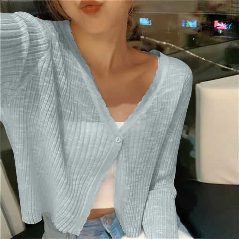 Women's cropped button-front summer cardigan, lightweight V-neck long-sleeve knit, perfect for spring layering.