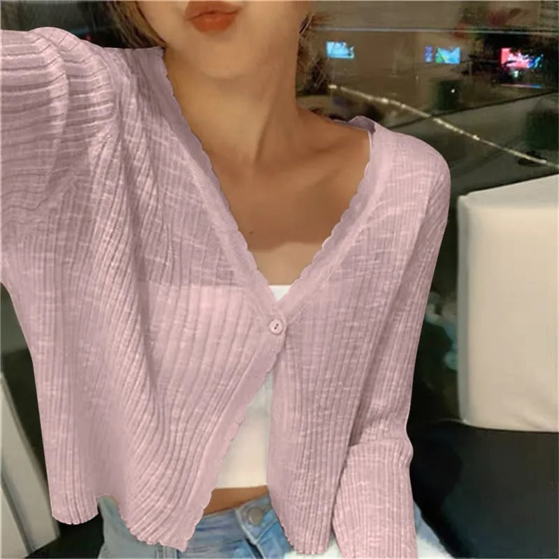 V-neck cropped button-front cardigan for women, a chic long-sleeve knit top for versatile spring and summer styling.