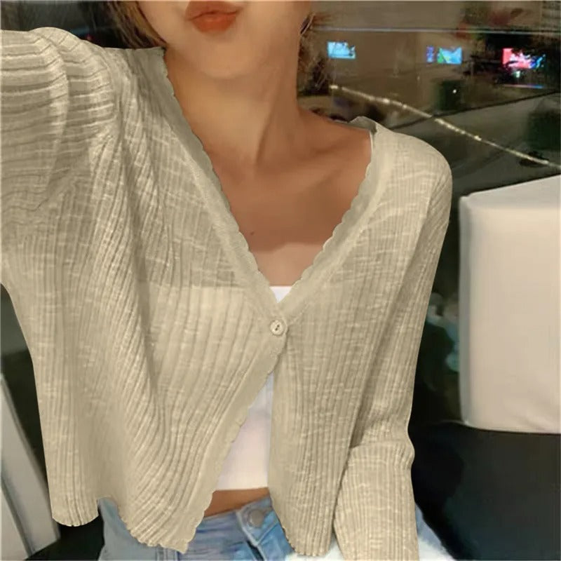Trendy women's cropped summer cardigan, a long-sleeve V-neck knit with button front, great for spring layering.