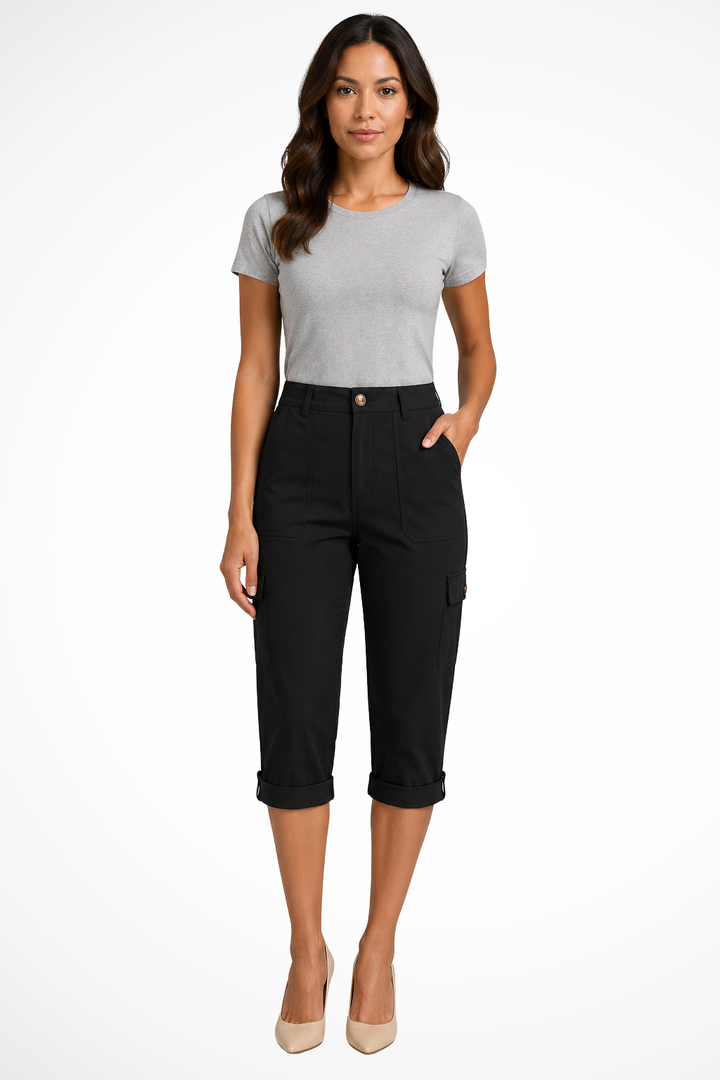 Women's cropped cargo pants featuring multiple utility pockets, perfect for casual everyday wear.