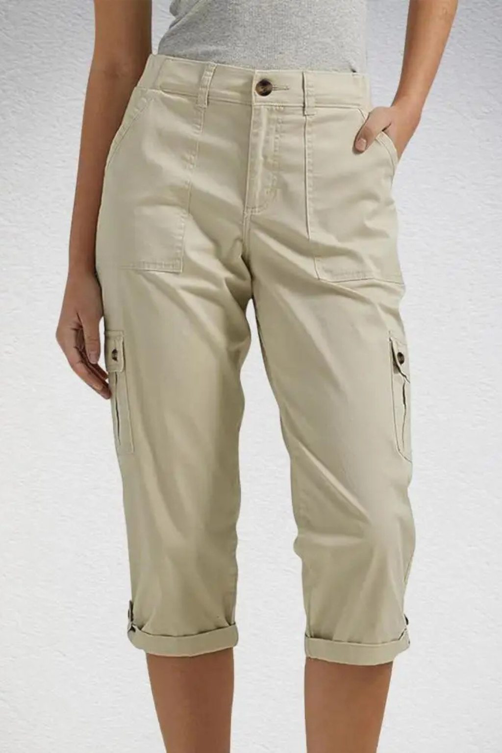 Trendy women's cropped cargo pants with a modern utility aesthetic, suitable for casual styles.