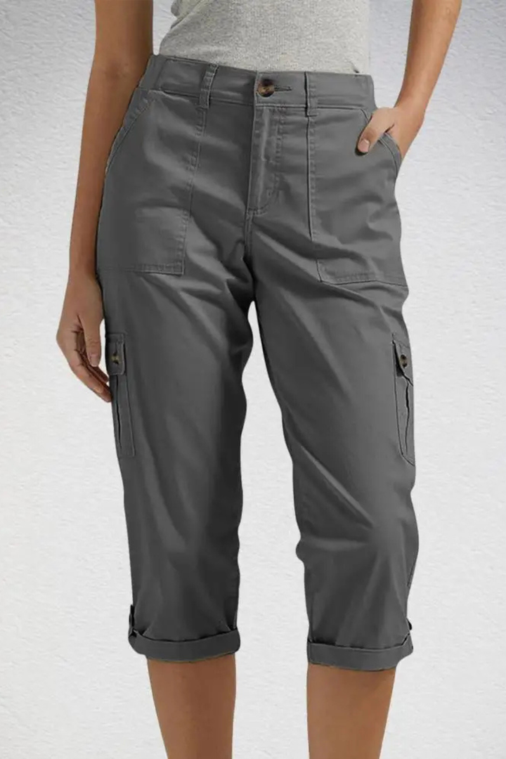 Essential women's cropped cargo capri pants, great for summer, outdoor adventures, and travel.