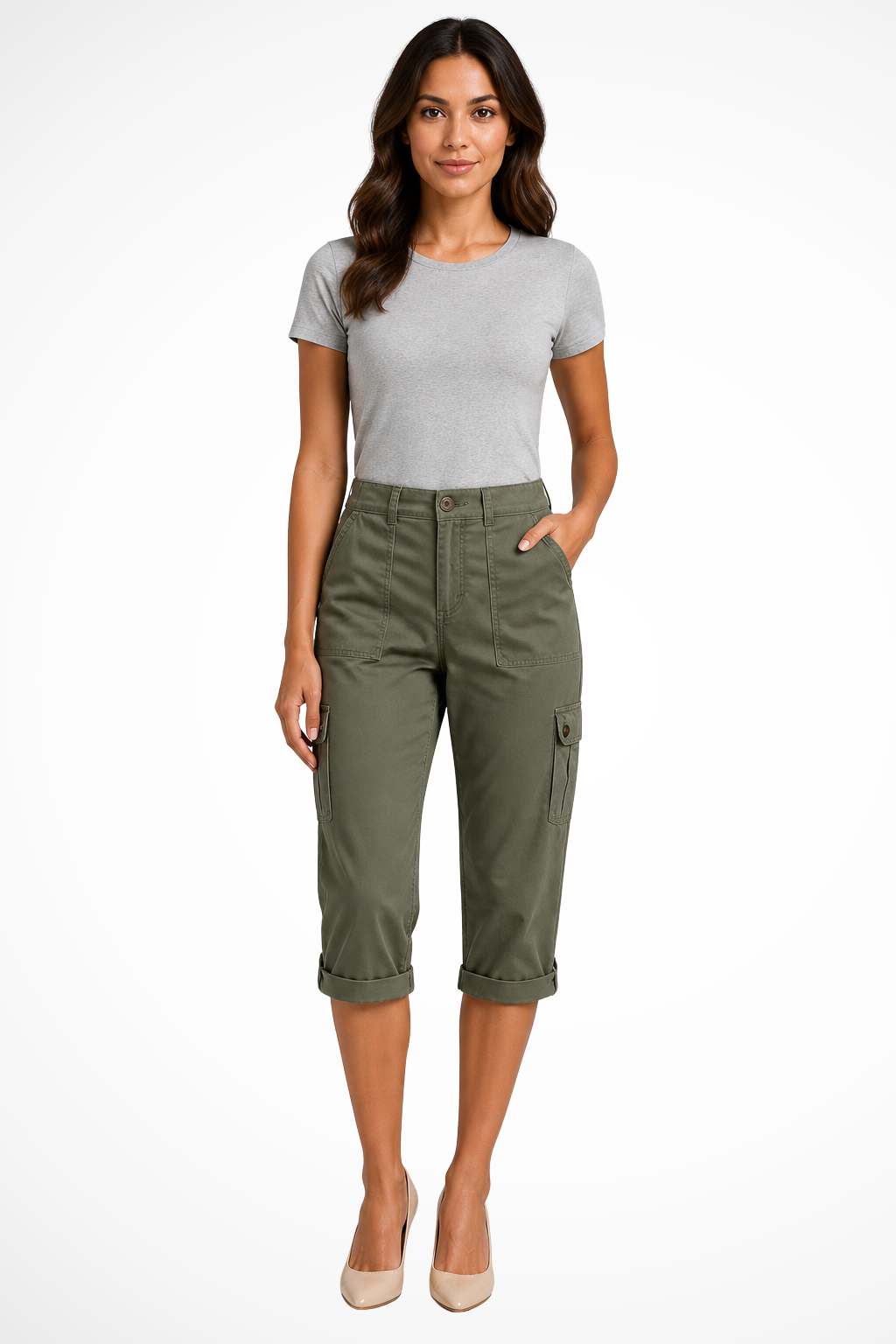 Practical utility women's cropped cargo pants with roomy pockets for outdoor activities & travel.