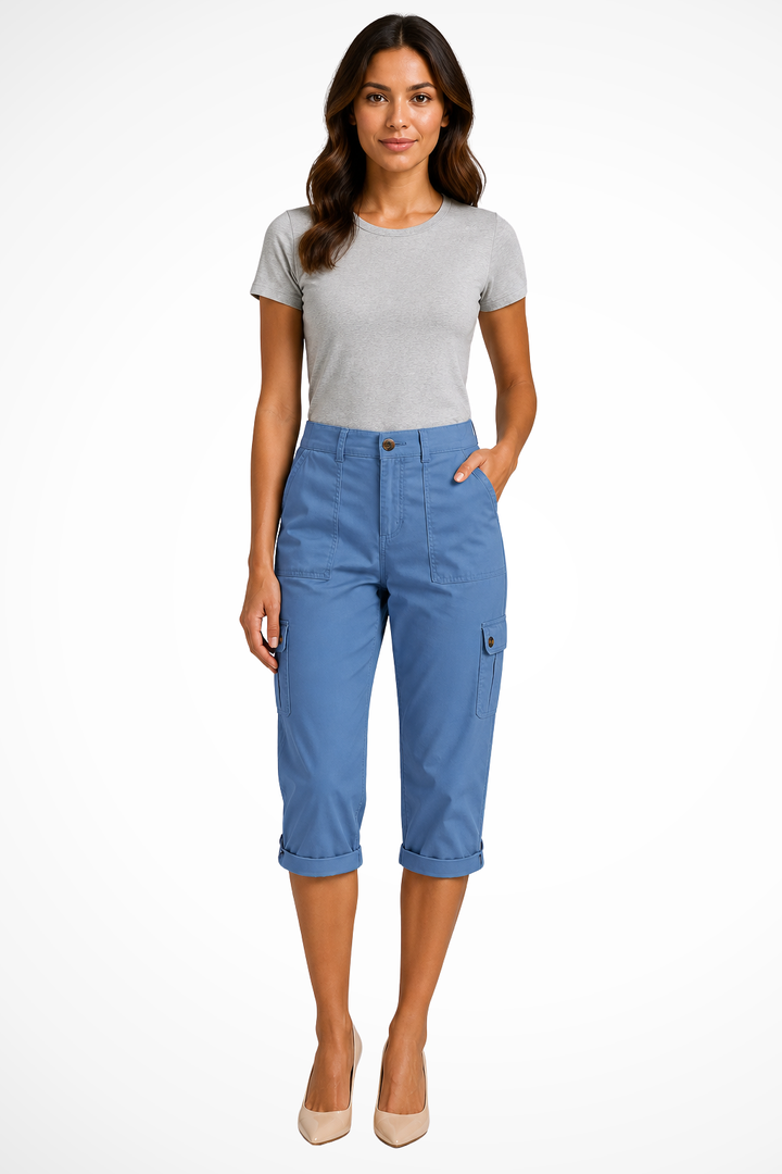 Comfortable women's cropped cargo pants, a relaxed fit essential for active lifestyles & travel.