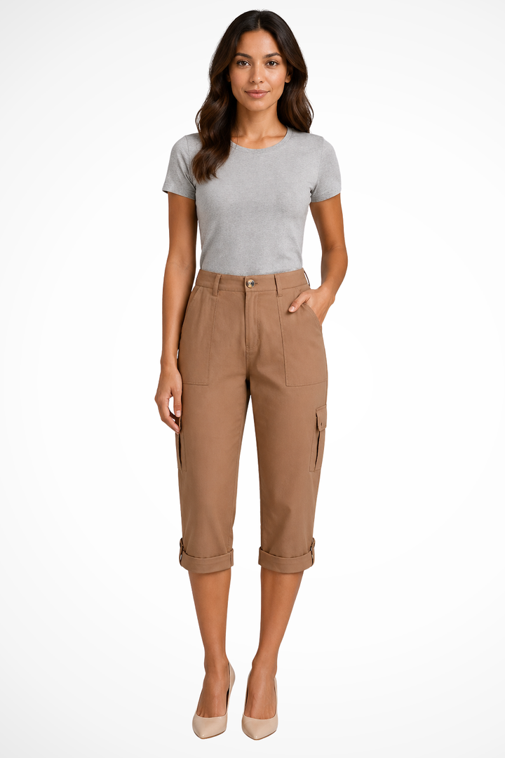 Women's cropped cargo pants with practical side pockets, great for carrying essentials on the go.