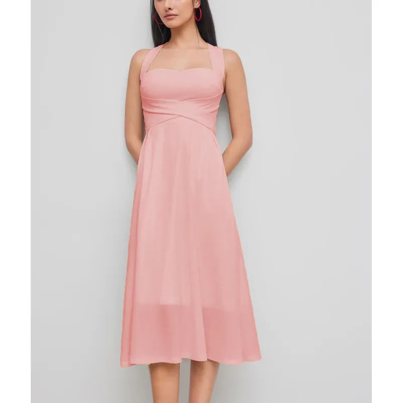 Women's cross-waist midi dress with square neckline & A-line skirt, perfect for elegant day-to-night wear.