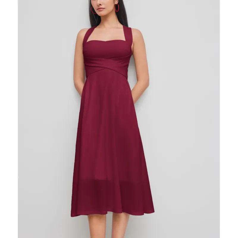 Chic women's cross-waist midi dress, square neckline & A-line skirt. Versatile for evening wear or daytime fashion.