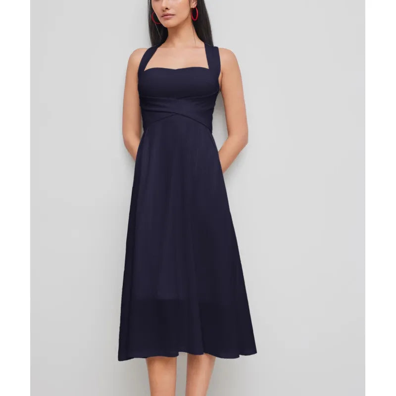Flattering women's midi dress featuring a cross-waist, square neckline, and flowy A-line skirt for an elegant look.
