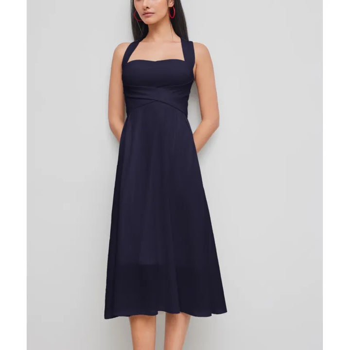 Flattering women's midi dress featuring a cross-waist, square neckline, and flowy A-line skirt for an elegant look.