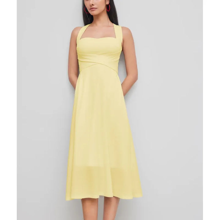 Stylish women's square neck midi dress with cross-waist detail & A-line skirt. Versatile for chic cocktail & evening.