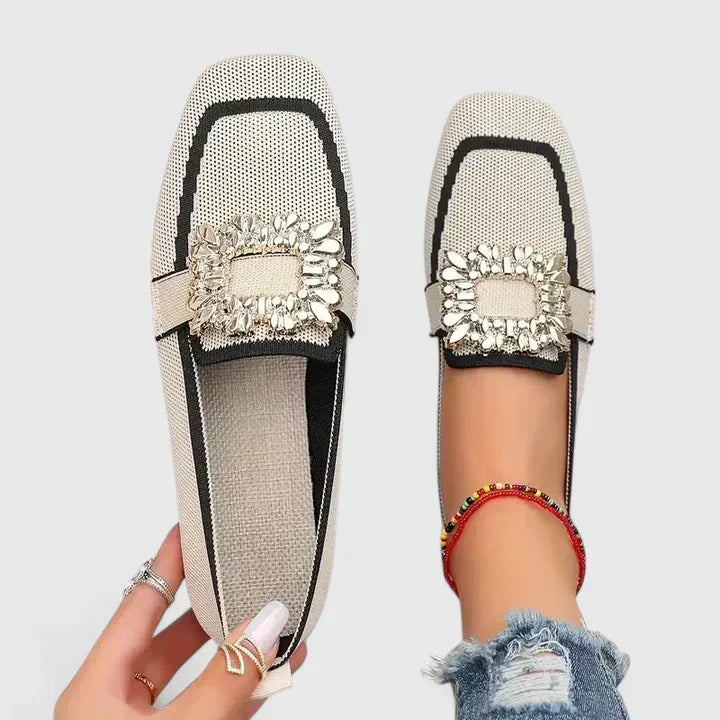 Women's crystal square-toe flat loafers. Elegant slip-on style, comfortable everyday chic footwear.