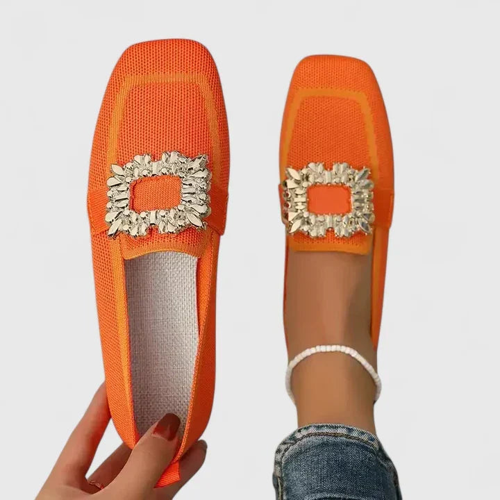 Chic women's crystal flat loafers with a modern square toe. Comfortable slip-on footwear for stylish elegance.