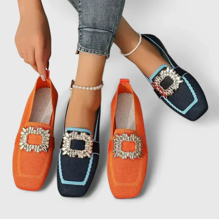 Slip-on women's flat loafers with a crystal-studded design and fashionable square toe, perfect for daily wear.