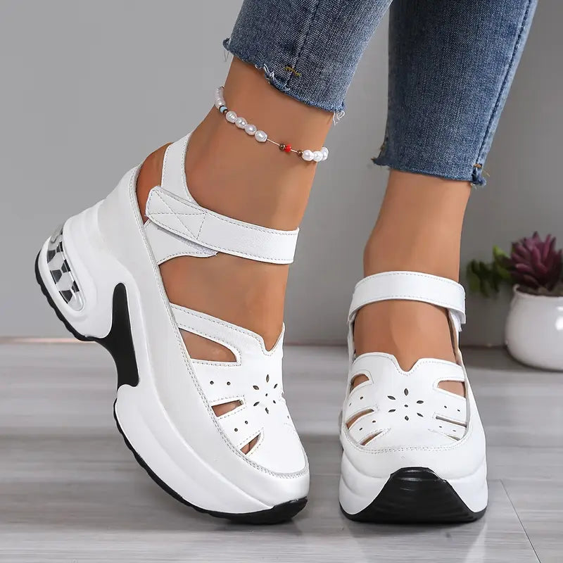 Orthopedic women's wedge sandals with arch support & cushioned platform, ideal for comfortable all-day wear.
