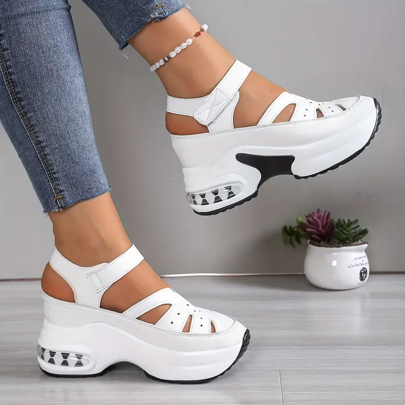 Black women's cushioned orthopedic platform wedge sandals, offering arch support & all-day comfort.
