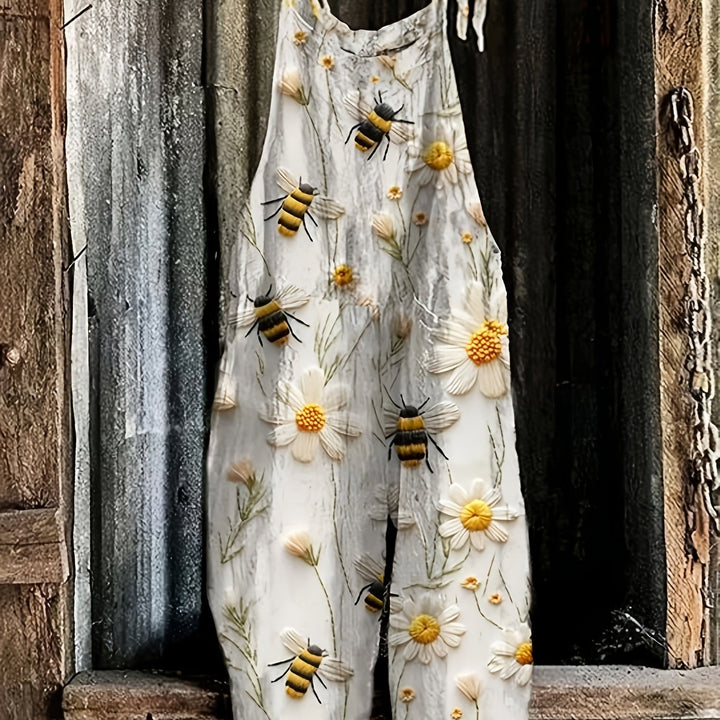 Women's casual wide leg jumpsuit with tie shoulders and a cute daisy bee print.
