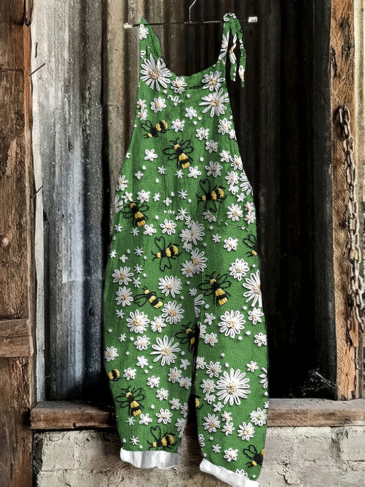 Spring outfit: women's daisy bee print tie shoulder wide leg jumpsuit, perfect for casual wear.