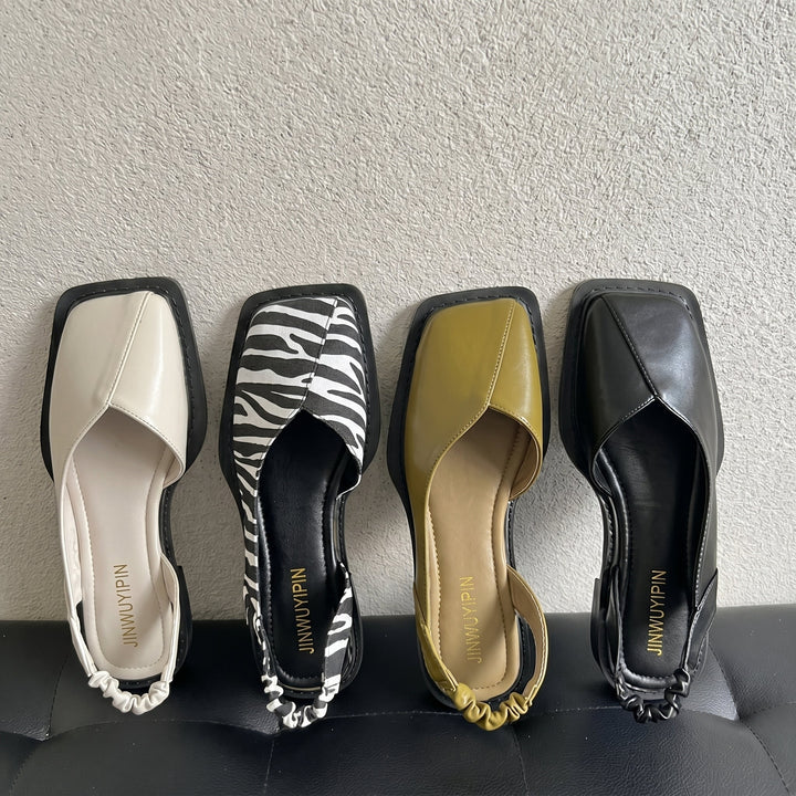 Versatile women's daisy slingback sandals with a trendy square toe and comfortable block heel. Summer casual.