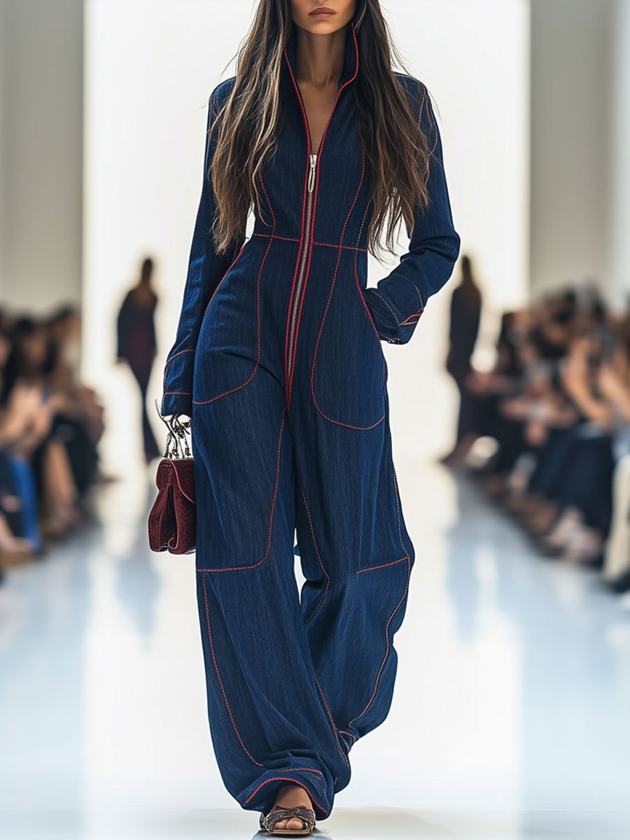 Women's dark blue wide leg jumpsuit, long sleeve, zip front. Chic, comfortable & versatile for casual or smart casual wear.