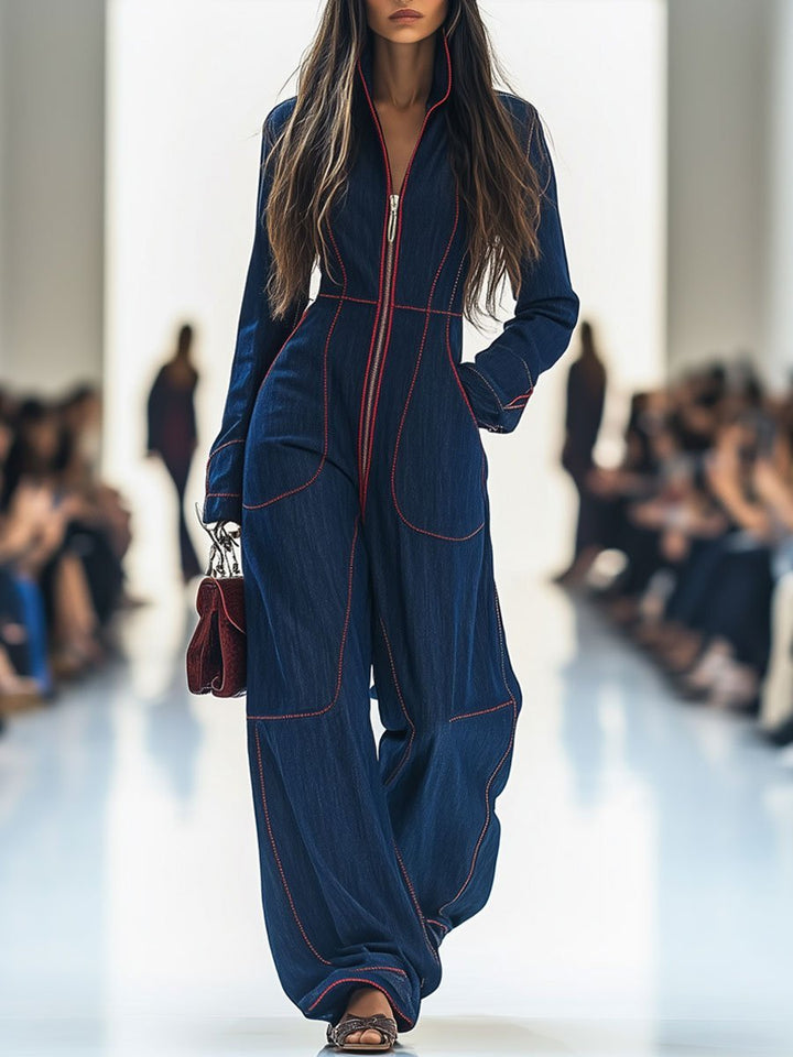 Women's dark blue wide leg jumpsuit, long sleeve, zip front. Chic, comfortable & versatile for casual or smart casual wear.