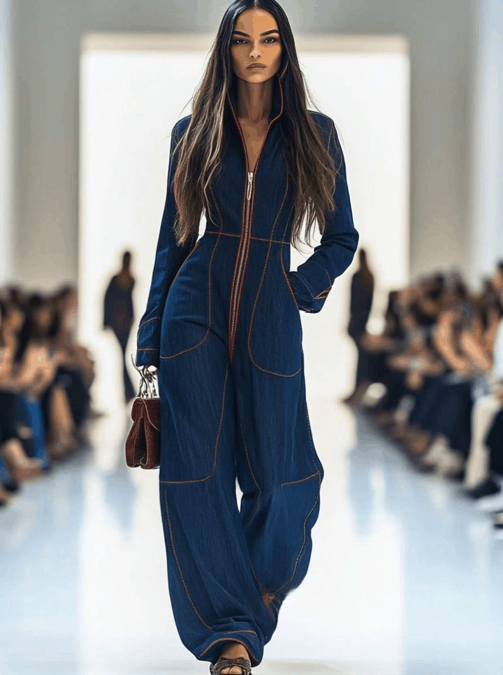 Elegant dark blue wide leg jumpsuit for women. Features long sleeves & zip front. Perfect for weekend or smart casual outings.