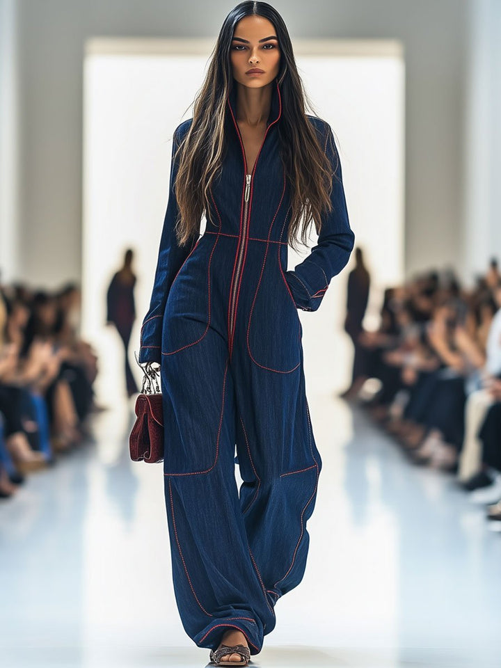 Comfortable women's dark blue wide leg jumpsuit with long sleeves & zip front. Modern fashion, perfect for versatile styling.