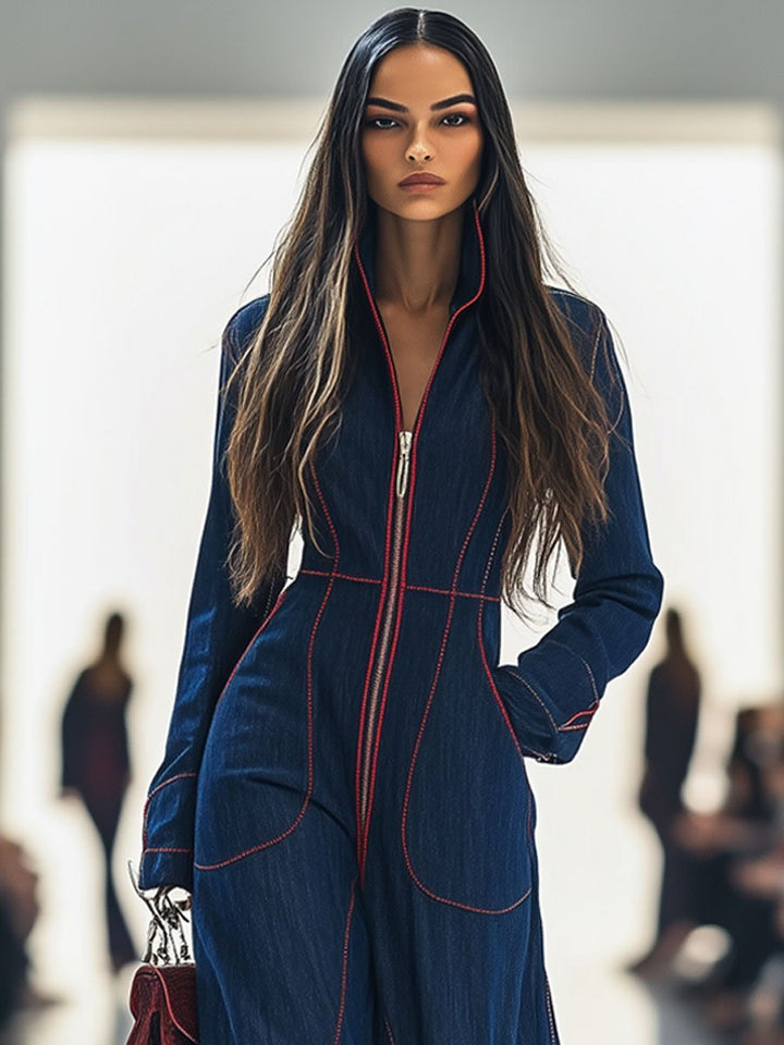 Dark blue long sleeve wide leg jumpsuit for women, featuring a practical zip front. A chic & versatile casual outfit.
