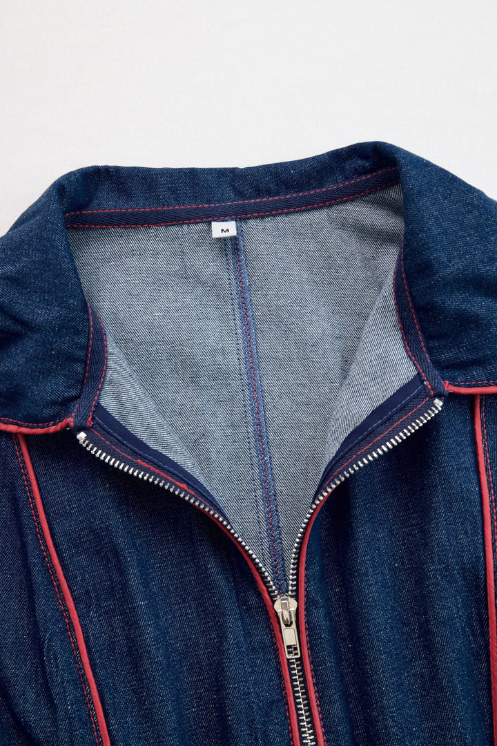 Women's dark blue wide leg jumpsuit, long sleeve, zip front. A stylish and comfortable casual-to-smart-casual option.