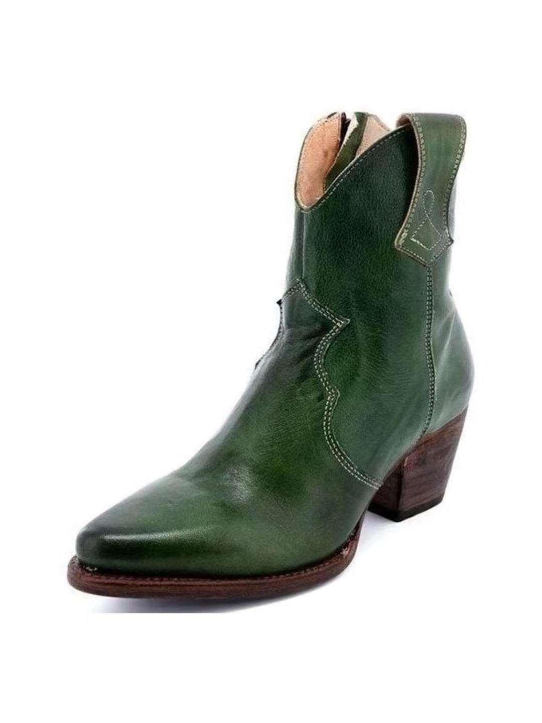 Women's dark green snip toe ankle cowgirl boots with convenient side zip and block heel for western style.