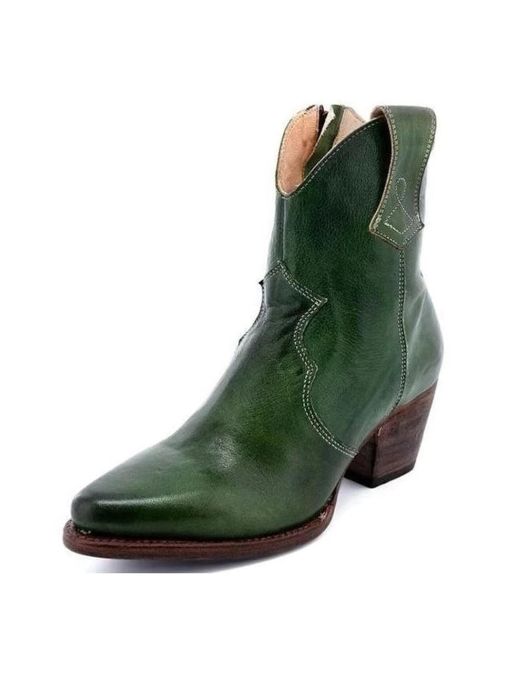 Women's dark green snip toe ankle cowgirl boots with convenient side zip and block heel for western style.
