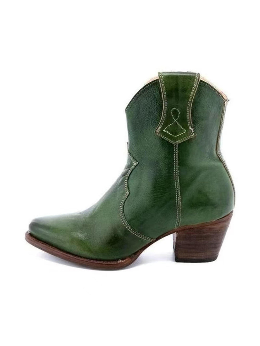 Chic women's western ankle boots; dark green snip toe cowgirl boots with comfortable block heel for rodeo style.