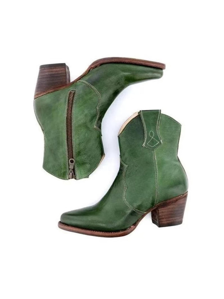 Fashionable dark green women's ankle cowgirl boots, featuring a stylish snip toe and practical side zip closure.