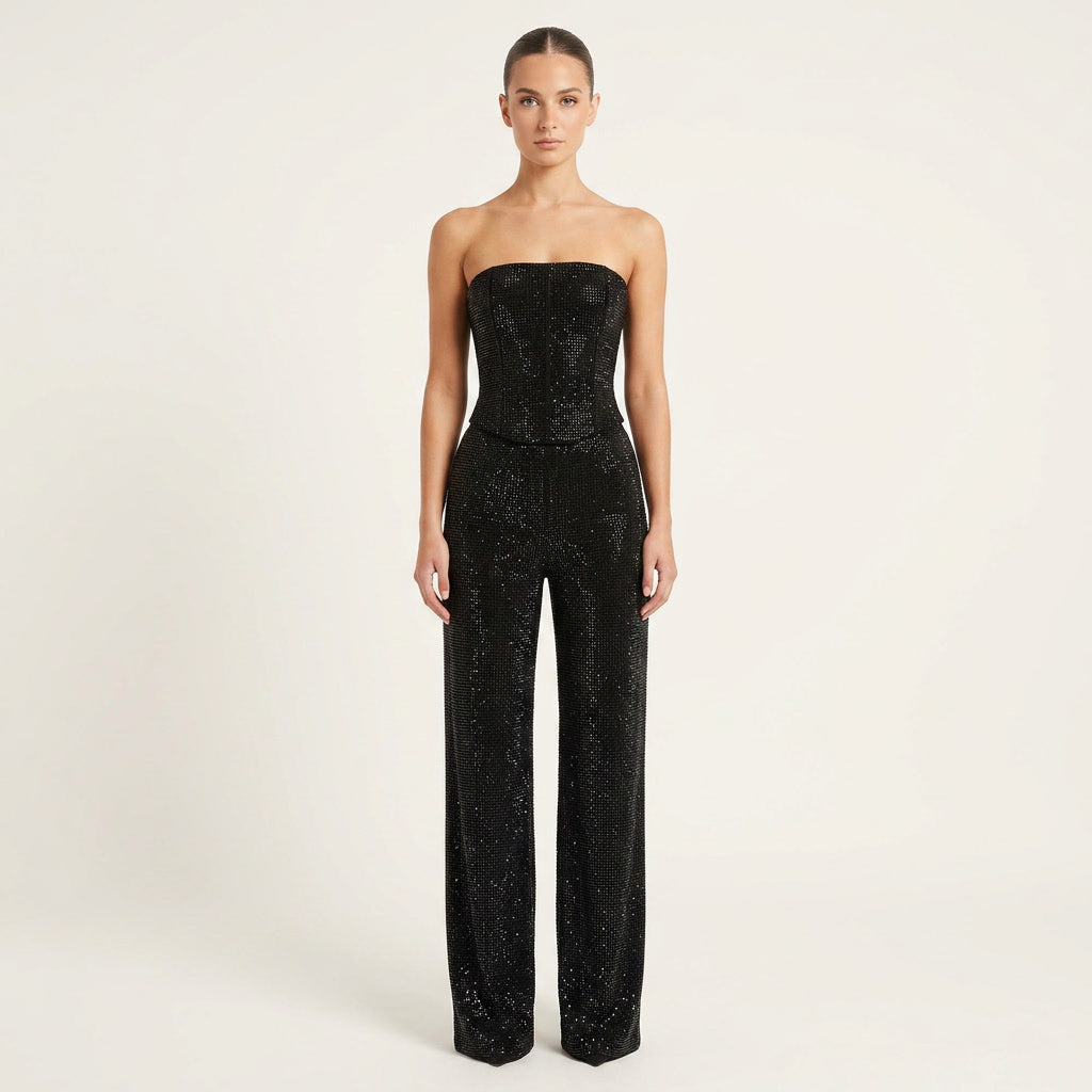 Women's dazzling glitter crop top & high-waist jeans two-piece set for party fashion.