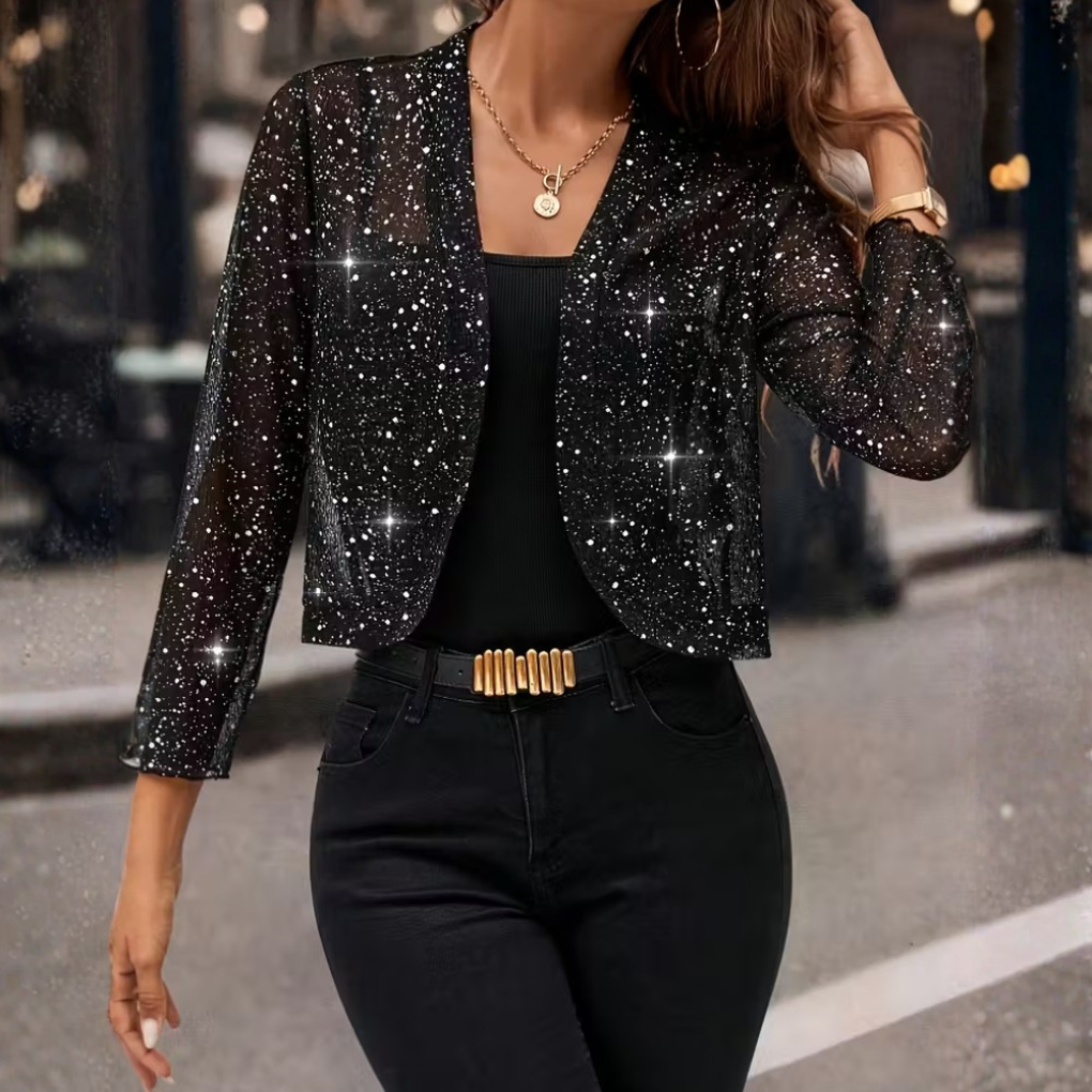 Glamorous women's glitter open-front cardigan jacket for evening wear, parties & special occasions. Sparkling fashion.
